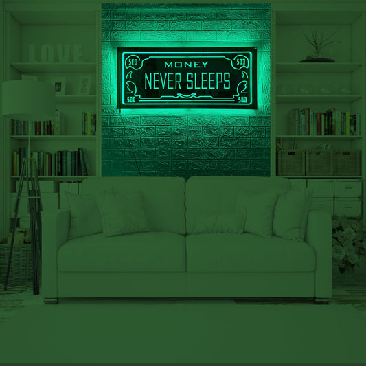 Money Never Sleeps Golden Mirror Wall Decor with Green Neon Light