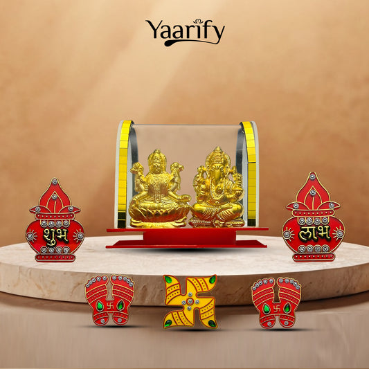 GOLD PLATED LORD WITH ACRYLIC SUBH LABH SWASTIK CHARAN PADUKA COMBO 6PC SET(Diwali Special)Y02